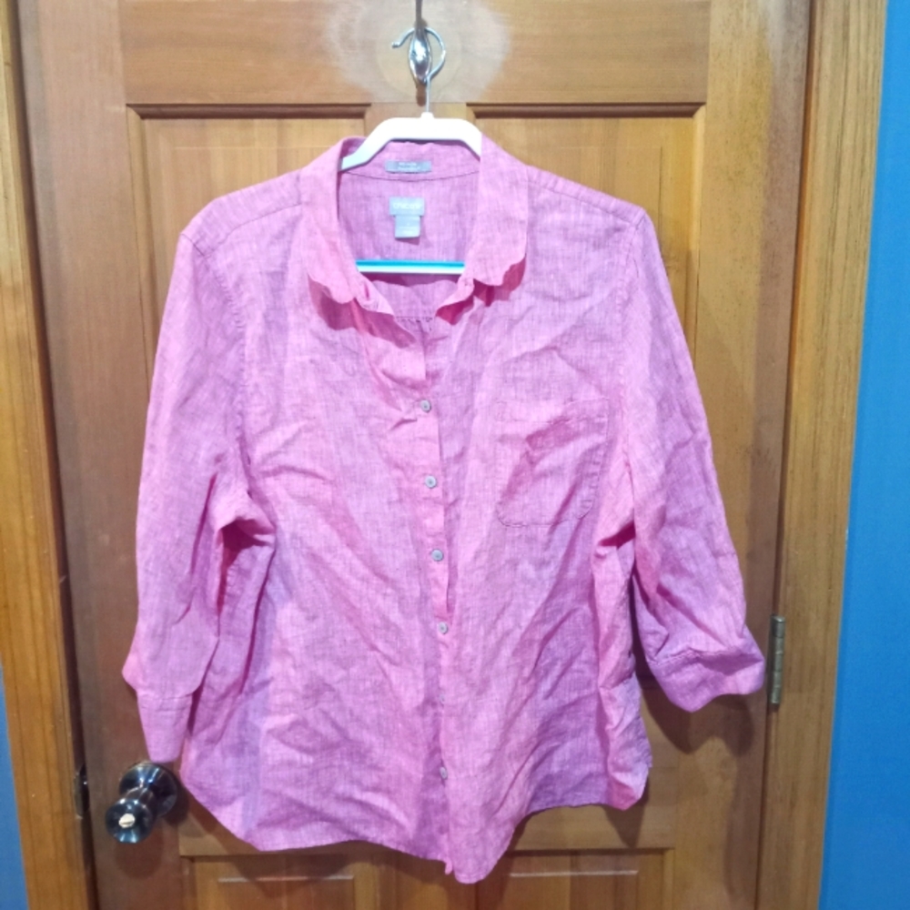 Chicos 100% linen red button up top size 20/22